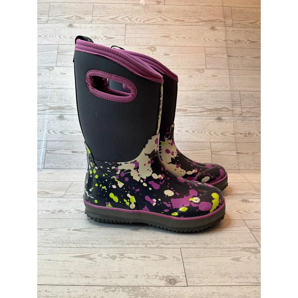 DSG Kids Size 2 Purple Paint Splatter Waterproof Rain Boots Pull On Outdoor